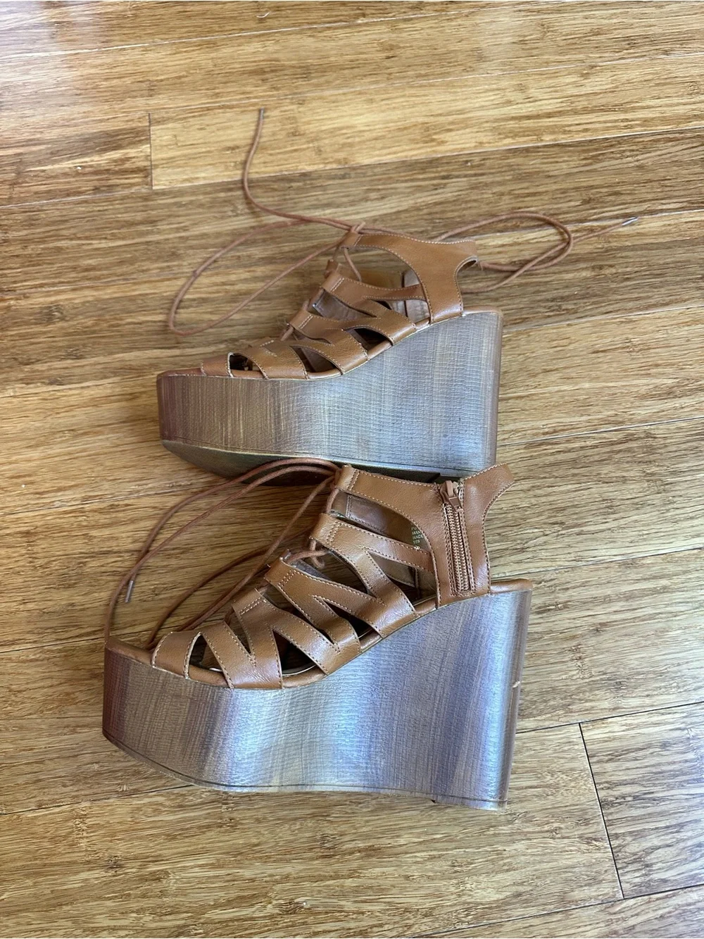 STEVE MADDEN Women’s 9 Brown Chic Lace-Up Strappy Platform Wedge Sandal Heels